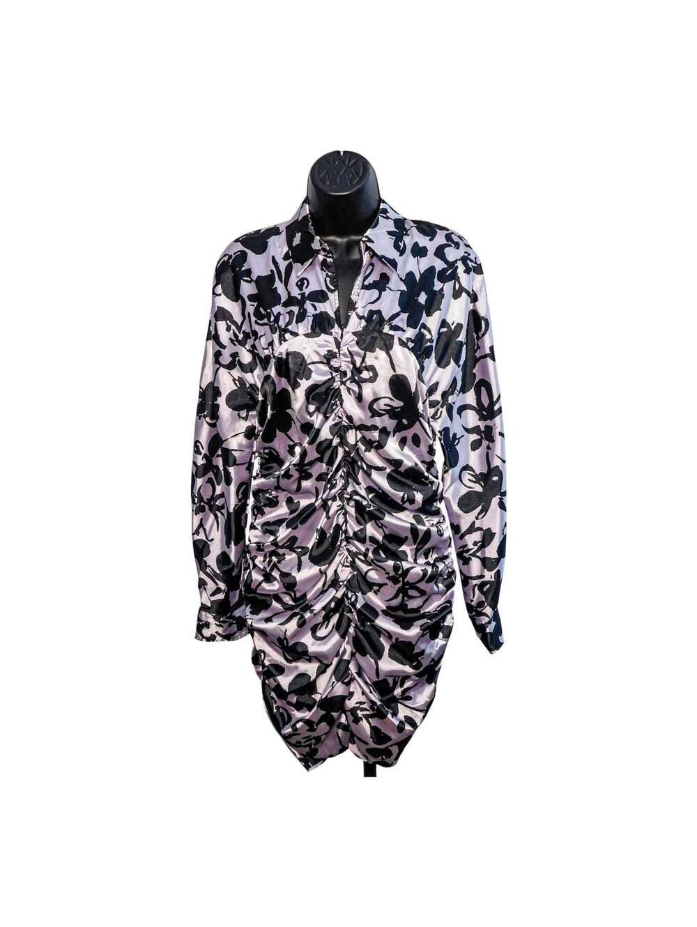 Zara Dita Dress Ruched Satin Floral Size S Lilac Black